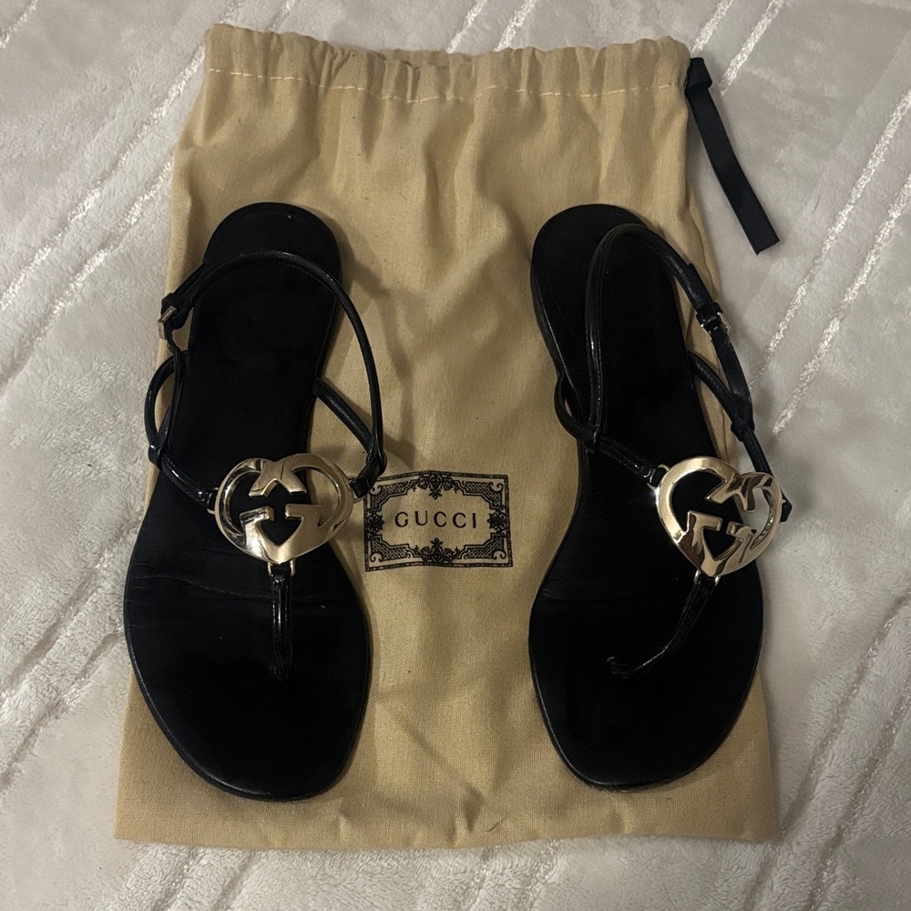 Gucci Black Sandals with Gold Emblem